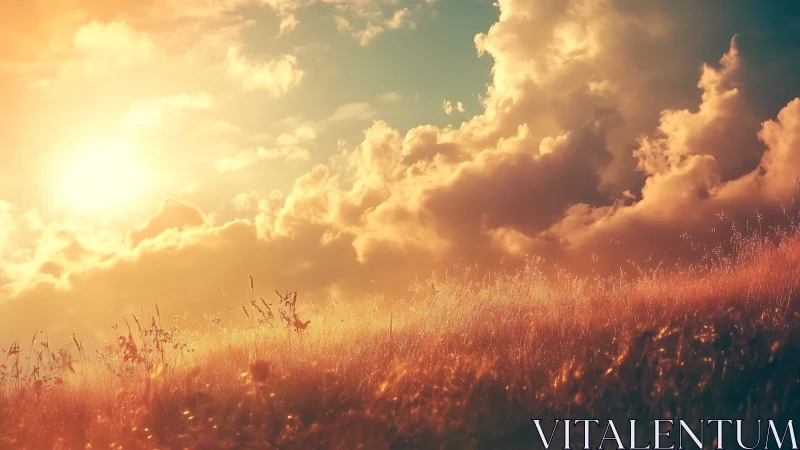 Golden hillside meadow under dramatic sunset sky.