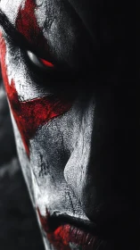 Aggressive warrior close-up renders hyperreal painted visage