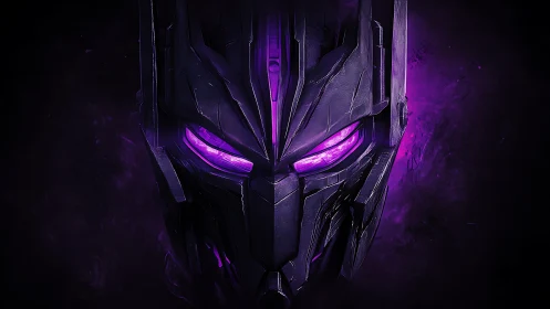 Dark metallic robot mask with glowing purple eyes.