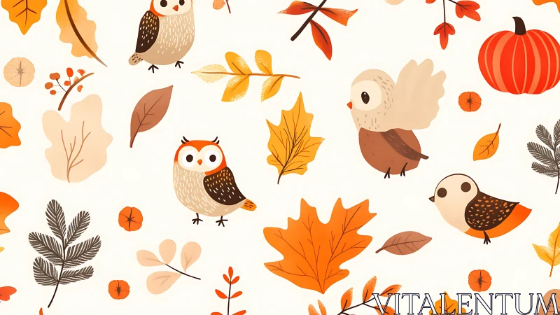 Cute Autumn Birds and Leaves Seamless Pattern in Cartoon Style.