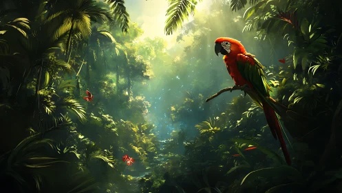 Scarlet macaw in volumetric-lit rainforest canopy study.