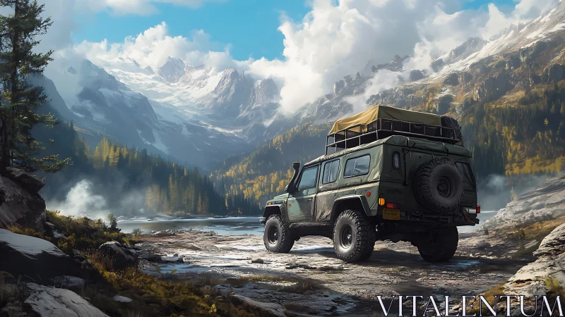 Off-road vehicle stands on rocky track before alpine lake