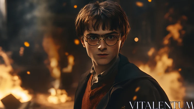 Photorealistic teen wizard portrait amid dynamic firestorm lighting.