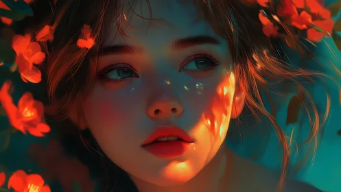Digital portrait shows young woman in floral side lighting