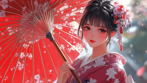Radiant kimono portrait under radial red paper parasol.
