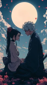 Samurai couple seated under full moon with falling petals.