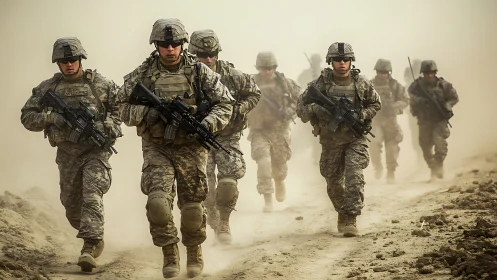 Armed soldiers advance in formation through dusty terrain