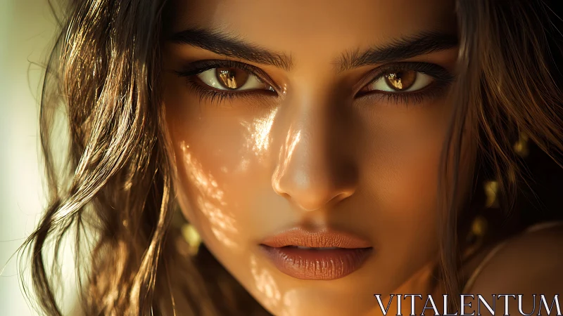 Intense close-up portrait with golden light on brown eyes.
