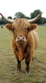 Highland cow standing in open pasture facing camera head-on.