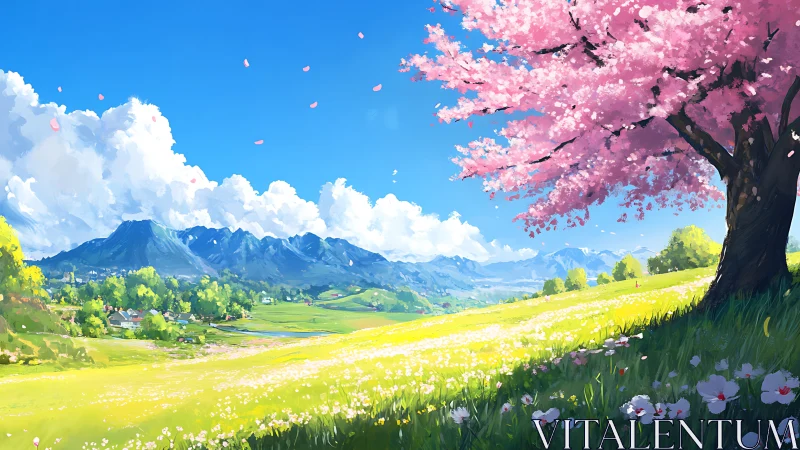 Cherry tree crowns spring valley under vast blue sky