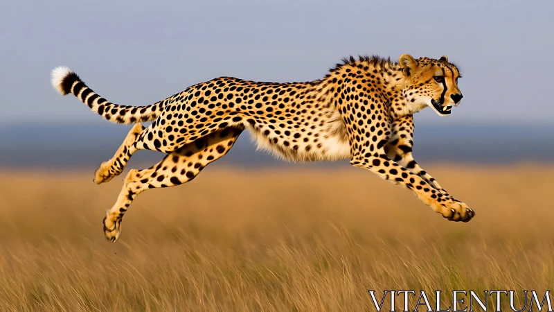 Cheetah sky-leaps across sunlit savanna in golden blur.