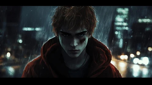 Digital painting of wounded youth in moody urban rain scene.