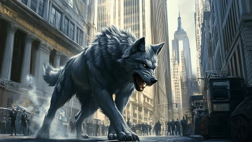 Colossal wolf prowls a canyon of glass and concrete downtown