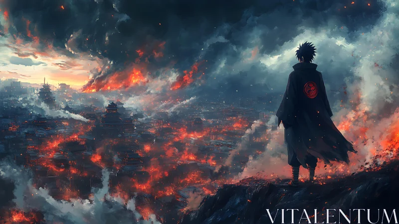 Cloaked figure observing burning fantasy city from cliff edge.