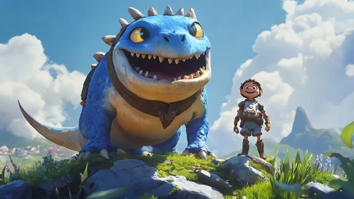 Blue dragon companion and young adventurer in bright valley.
