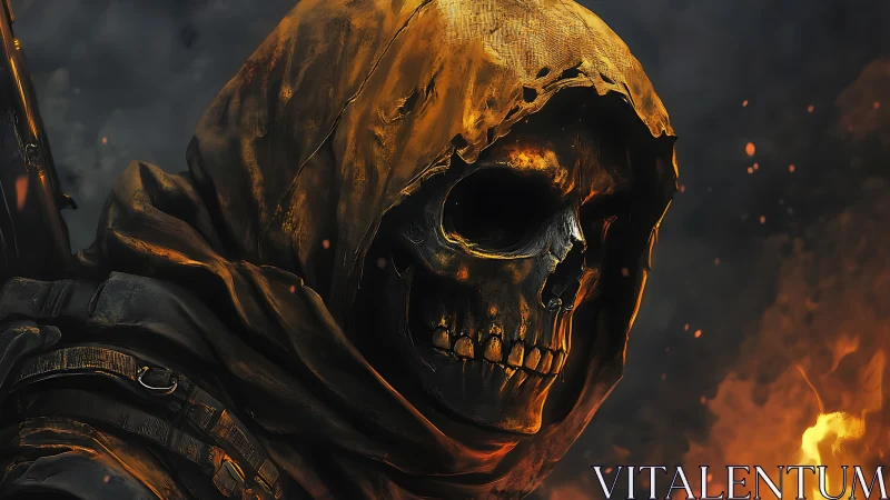 Hooded skeletal warrior emerges in molten ember lighting.