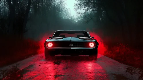 Muscle car tailview emits red light on wet forest road
