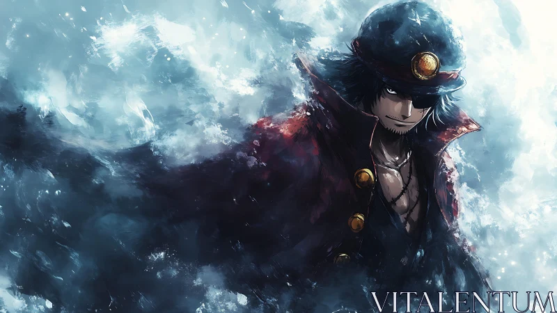 Storm-swept pirate captain emerging from swirling mist.