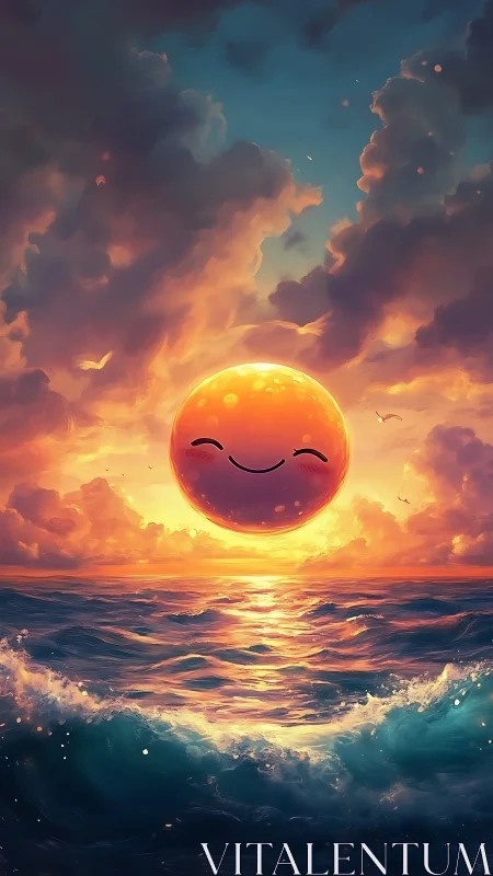 Smiling cartoon sun hovering over colorful ocean sunset.