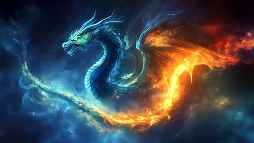 Elemental dragon forged from swirling fire and ice storm.