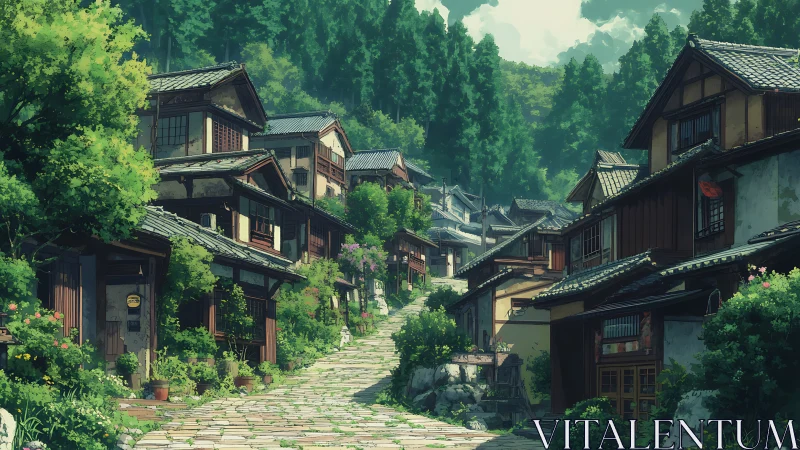 Digital painting of terraced village street with lush greenery.