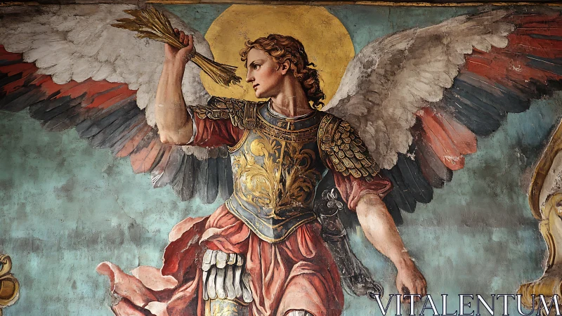 Armored archangel raises wheat sheaf against weathered fresco sky