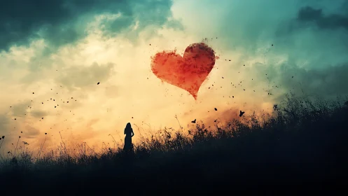 Solitary Figure Gazes at Luminous Heart in Vast Field