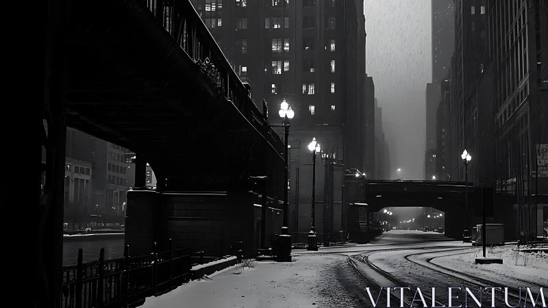 Snow-covered city street curves beneath elevated bridges at night