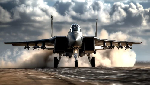 Fighter jet powers down runway beneath stormy clouds.