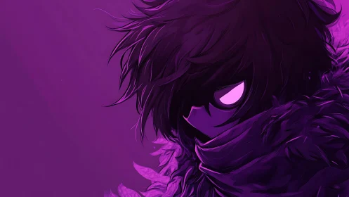 Hooded anime figure glares through violet monochrome haze