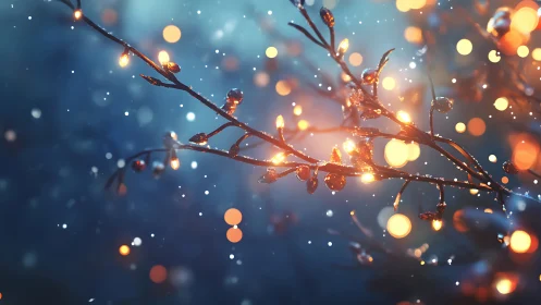 Snowlit berry branches tangled in warm winter bokeh glow.