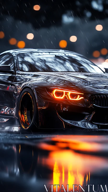 Rain-soaked performance coupe with neon-lit reflections at night.