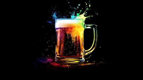 Glass beer mug with multicolor splash on black background.