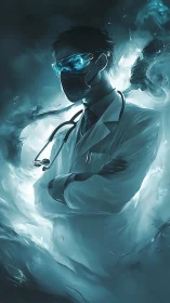 Neon-clad cyber doctor guarding the stormlit data ward.