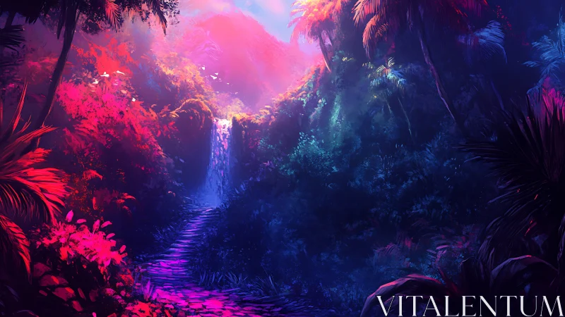 Neon-lit canyon landscape with waterfall and contrasting color spectrum.