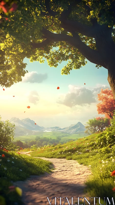 Sunlit dirt path leads through lush valley toward distant mountains.