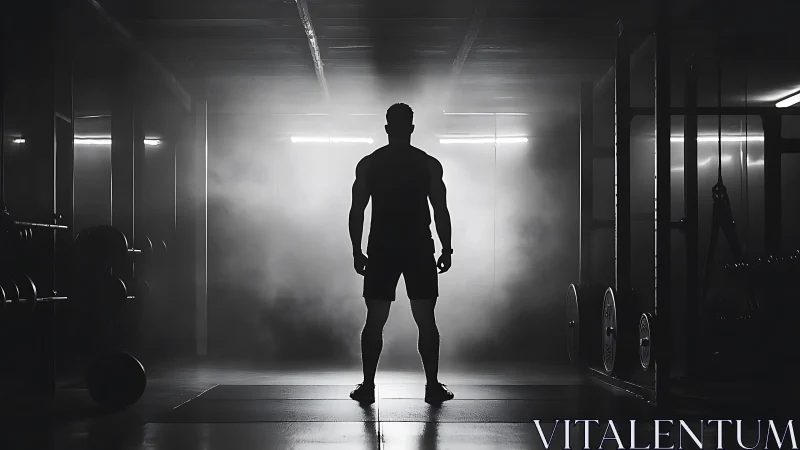Backlit male athlete silhouette in foggy strength training gym