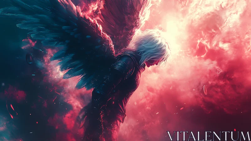 Backlit winged warrior descends through volumetric red nebula field