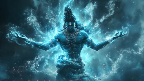 Digital rendering shows blue luminous deity in centered pose
