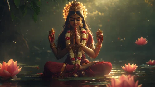 Seated female figure meditates on water amid lotus flowers