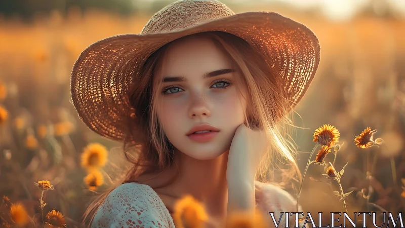 Sunlit field portrait of young woman in straw hat at golden hour