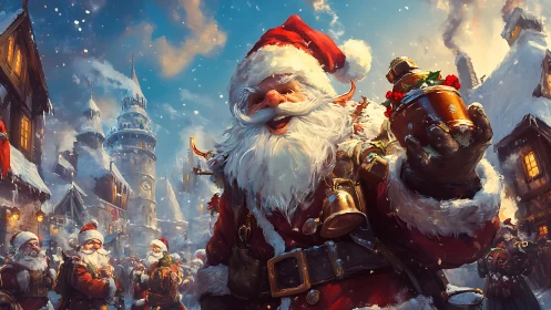 Jolly Santa celebrates Christmas in a cozy snowy village.