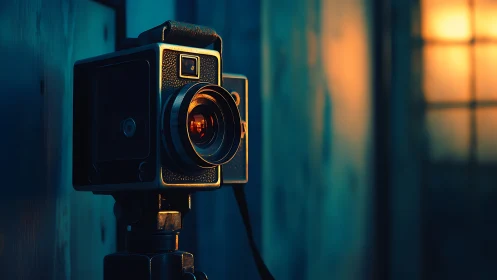 Vintage box camera on tripod in moody teal orange light