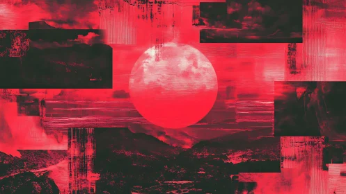 Red lunar horizon over glitch-fragmented mountainous landscape