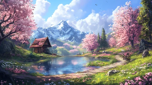 Lakeside cabin under cherry blossoms and snowy peaks.