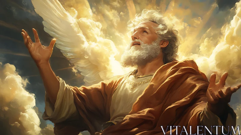 Skyborne elder in golden clouds greeting the burning dawn.