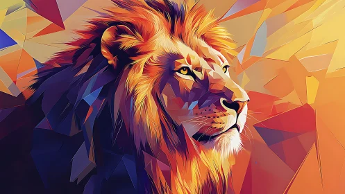 Geometric lion portrait in prismatic low poly abstraction.