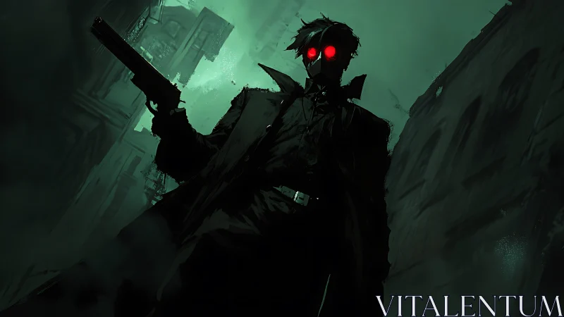 Masked gunman with red goggles in foggy urban alleyway.