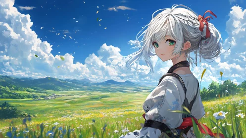 Windlit anime girl overlooking vast summer valley panorama.