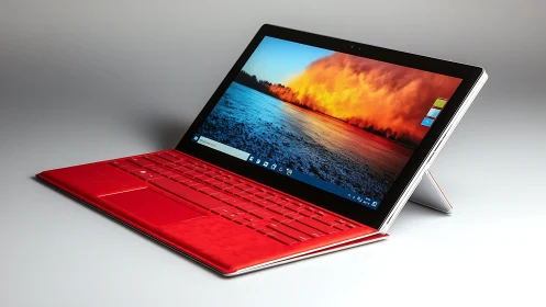 Red detachable 2‑in‑1 tablet laptop with kickstand and vivid IPS display